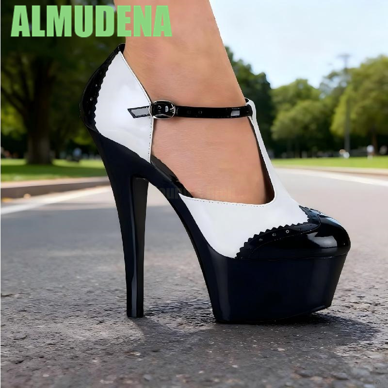 Pump Heel Block - 스트라이프 컬러 블록 펌프스, 세련된 흑백