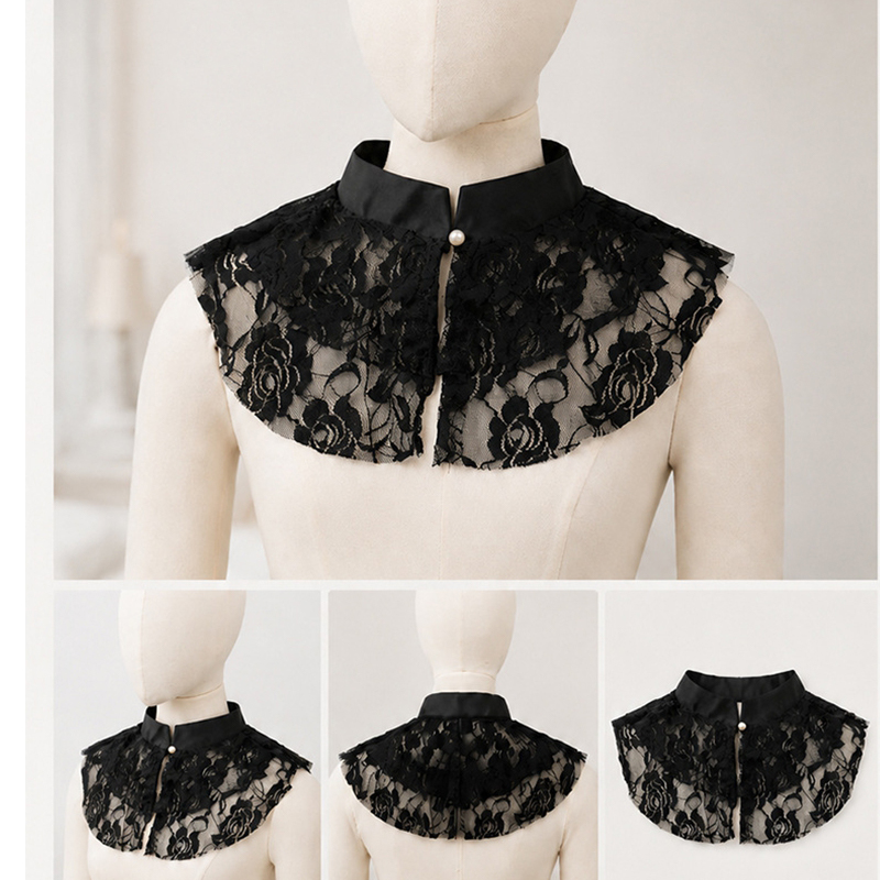 Lace Dress - 우아한 레이스 플로럴 페이크 칼라 숄