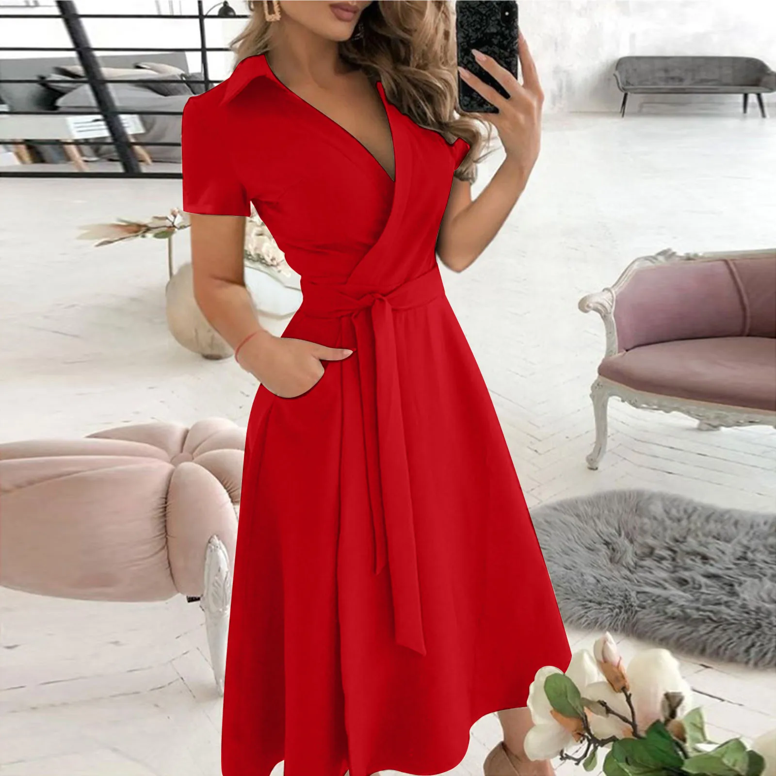 봄 여름 패션 사무실 셔링 드레스 긴팔 v 넥 레드 블 - Women'S Red Formal Wear 리뷰 및 가격