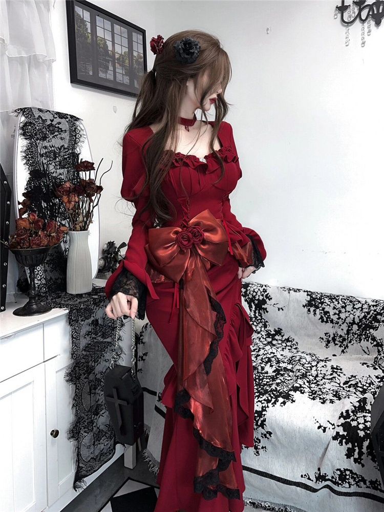 봄 레드 빈티지 드레스 여성 레이스 프랑스어 레트로 우 - Women'S Red Formal Wear 리뷰 및 가격