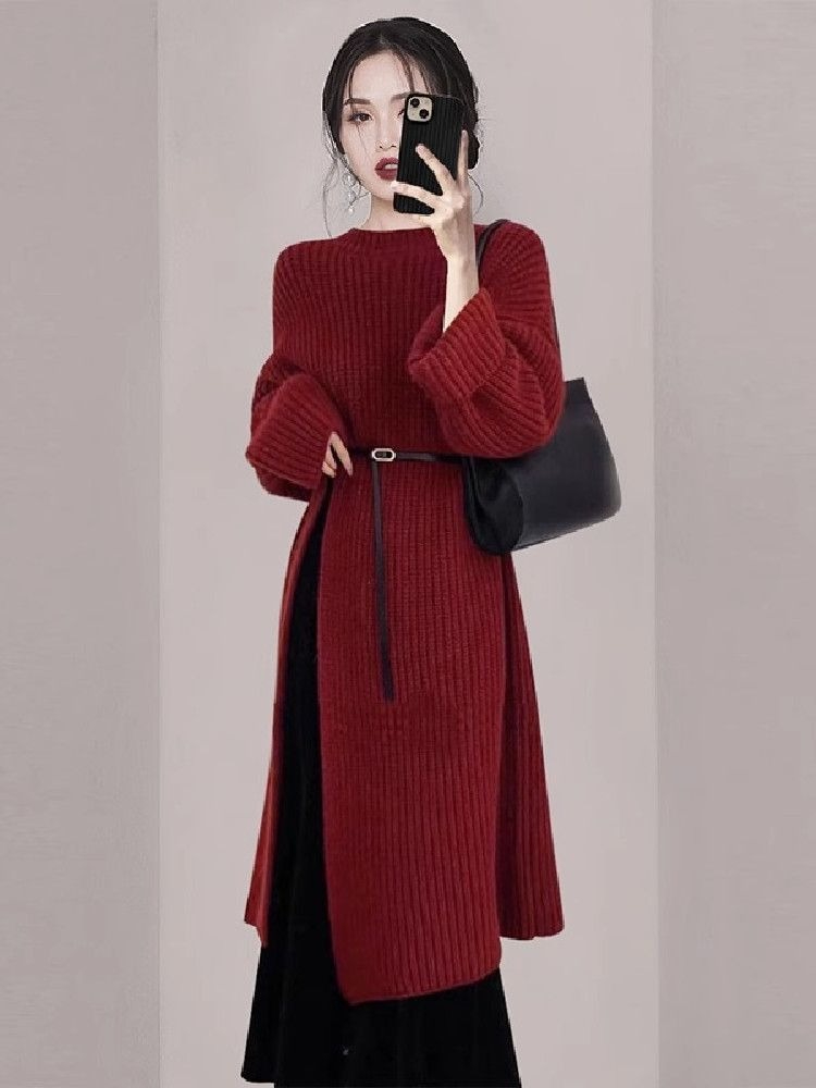 여성 우아한 레드 니트 드레스 가을 겨울 긴팔 미디 오 - Women'S Red Formal Wear 리뷰 및 가격