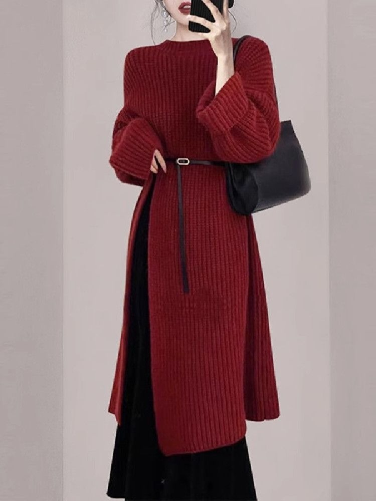 여성 우아한 레드 니트 드레스 가을 겨울 긴팔 미디 오 - Women'S Red Formal Wear 리뷰 및 가격