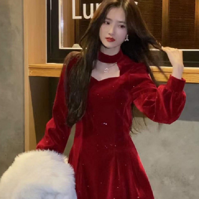여성용 파인 스파클링 벨벳 원피스, 하이엔드 우아한 허 - Women'S Red Formal Wear 리뷰 및 가격
